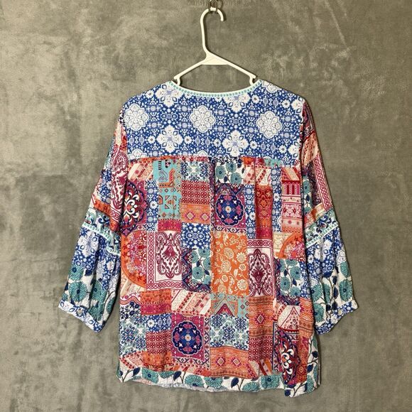 John Mark Top M Floral Sleeves Boho Tassels Patchwork Mixed Media Flowy - Picture 3 of 6